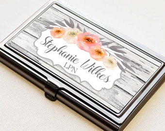Personalized Business Card Case Faux Shiplap Metal Card Holder