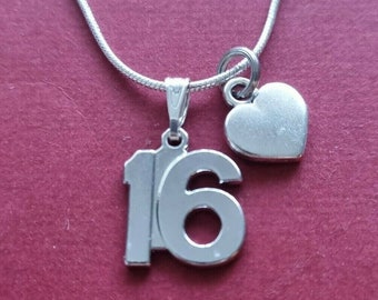 16th Necklace, heart gift Silver Plated for Number 16 Birthday Anniversary Charm