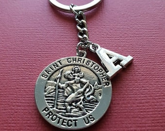 St Christopher keychain with Letter, Personalised Saint Christopher keyring, Alphabet keyring, patron Saint of travel Protect Us Medal