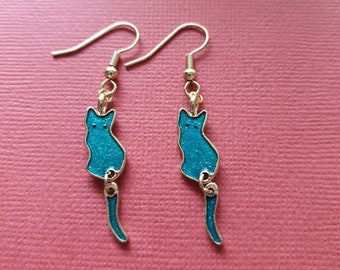 Cat Earrings, cute drop dangle earrings animal jewellery kitten gold plated kitty