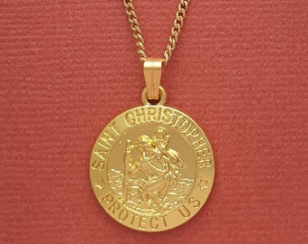 St Christopher Necklace, Gold Plated Charm Pendant and Chain Travel Saint