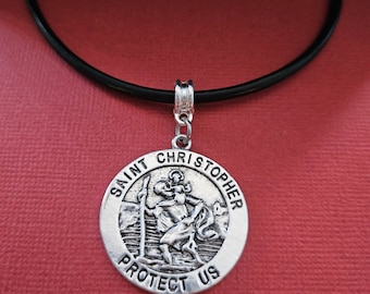 St Christopher Necklace, Protect us necklace, Leather Medal Charm Pendant Travel Saint, Travel Gift