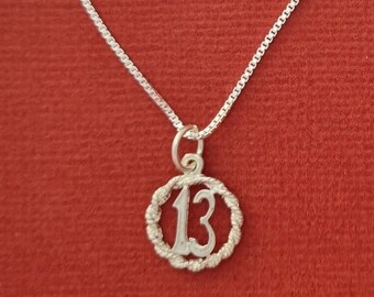 Sterling Silver 13th Necklace, 13 Birthday Gift, 925 number Charm Pendant n Chain