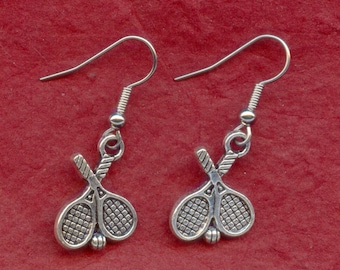 Tennis Racquet Earrings, Rackets Earrings, silver plated Tennis Racquets with ball charms