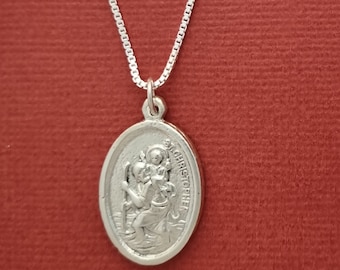 Sterling Silver St Christopher Necklace, St Christopher Medal, 925 Charm Pendant and Chain TRAVEL Saint