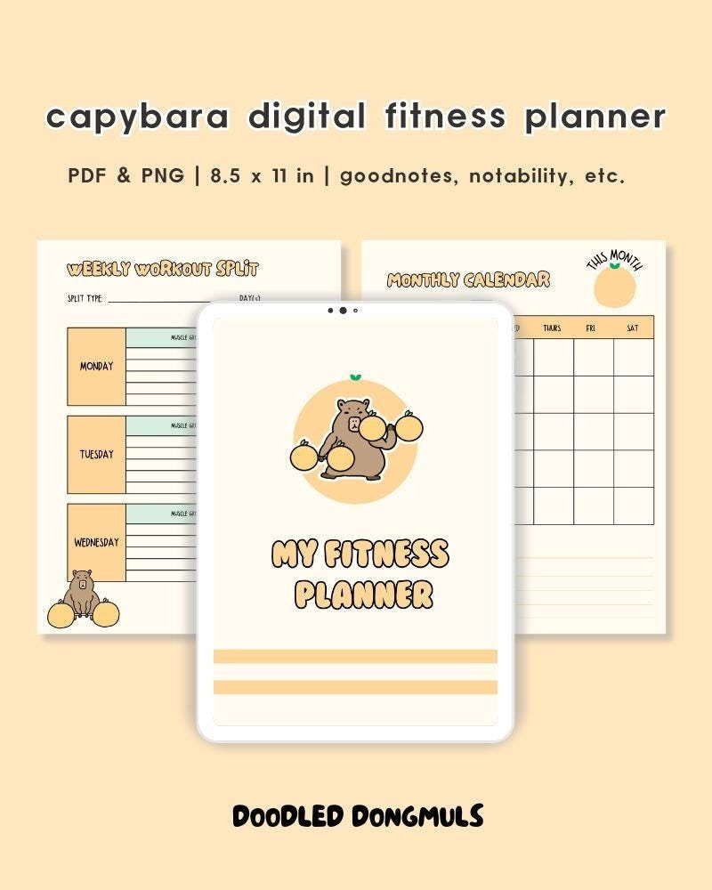 Cute Capybara Fitness Planner, Daily Exercise Log, Workout Split Page, Monthly Log, Digital Planner