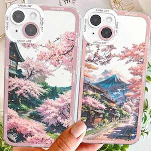 Funda para teléfono con diseño de Sakura, estética japonesa, con paisaje de montaña y cerezos en flor, estilo kawaii asiático para iPhone y Samsung S24, S23, S22 y S21