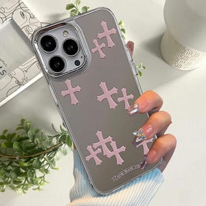 Cross Y2K Mirror Makeup iPhone Case, PINK GREY Ghotic Tarot Grunge Shockproof Phone Case, Luxury Goth Protective Trendy Phone Cover