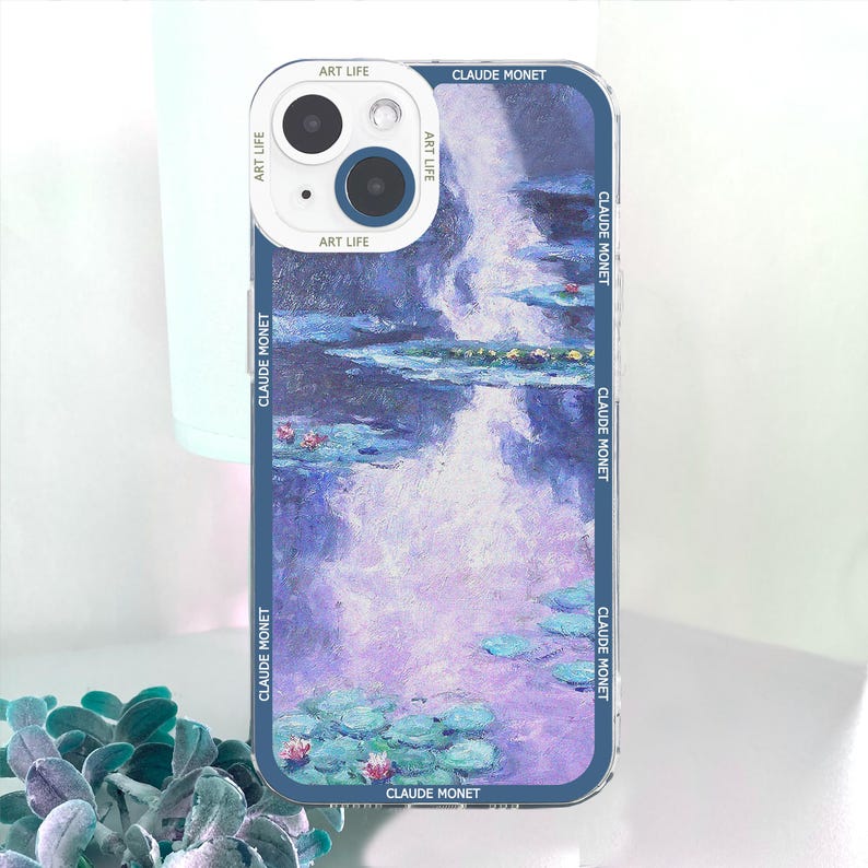 May include: A phone case featuring a Claude Monet painting of water lilies in shades of blue, purple, and green. The case has a blue border with "CLAUDE MONET" and "ART LIFE" printed on it.