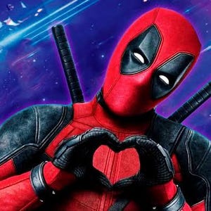 May include: A red and black superhero character with a mask, making a heart shape with their hands. The background is a purple and blue nebula with white streaks.