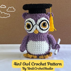 4in1 Owl crochet pattern, Cuddly Owl low Sew Crochet Pattern, Amigurumi Crochet Pattern, Owl Amigurumi Pattern, No Sew Crochet Pattern