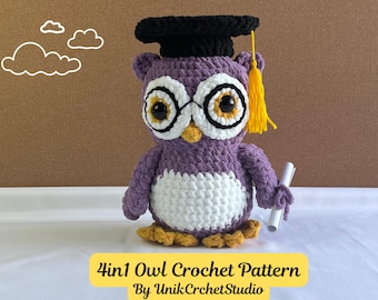 Patrón de crochet de búho 4 en 1, Patrón de crochet de búho tierno de costura baja, Patrón de crochet de amigurumi, Patrón de búho amigurumi, Patrón de crochet sin costura
