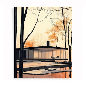 Modern House Interior Print / Architecture Poster / Mies Van der Rohe / Modern Architecture / Architectural Illustration print / Modernism