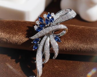 Broche de ramo de circonitas azules, elegante joya floral de plata, regalo de San Valentín