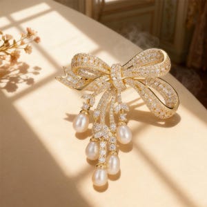 Puede incluir: Un broche dorado con forma de lazo, incrustado con cristales brillantes y perlas colgantes en forma de l&aacute;grima. El broche presenta un dise&ntilde;o de lazo detallado con intrincados engastes de cristal y delicados acentos de perlas.