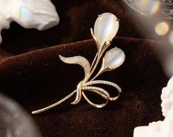 Broche de ramo con piedra de ojo de gato, elegante joya de oro, regalo de San Valentín para ella.