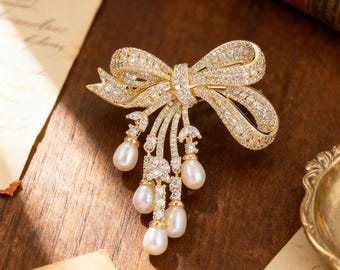 Elegant Pearl Bow Brooch, Handmade Ribbon Jewelry, Anniversary Gift for Her