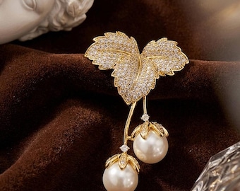 Sparkling Zircon Cherry Brooch, Cute Pearl Fruit Pin, Playful Botanical Jewelry, Gift for Her