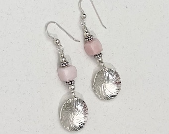 Pink Opal Sterling Silver Earrings, Hammered Bali Bead Dangle Jewelry