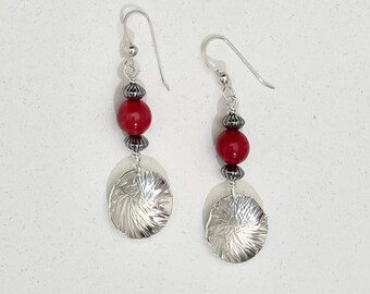 Red Bamboo Coral Fancy Sterling Silver Bead Earrings, Hammered Geometric Circle Jewelry, Artisan Metalsmith,  Bold Boho Style Earrings