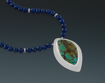 Sterling Silver Turquoise Lapis Lazuli Necklace: Southwest Gemstone Pendant