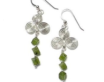 Sterling Silver Egyptian Spiral Earrings with Jade Beads, Handmade Boho Jewelry, Artisan Gemstone Earrings