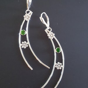 Sterling Silver Floral Dangle Earrings with Chrome Diopside, Handmade Nature-Inspired Jewelry, Green Gemstone Earrings, Gardener Gift