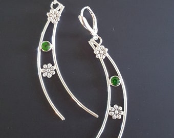 Sterling Silver Floral Dangle Earrings with Chrome Diopside: Handmade Jewelry