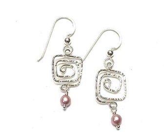 Sterling Silver Greek Key Earrings: Pink Swarovski Pearl Dangle