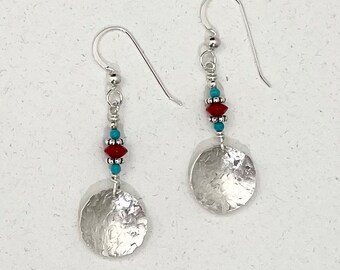 Turquoise Coral Sterling Silver Earrings, Textured Bali Bead, Hammered Geometric Circle, Modern Southwest Style Multi Gemstone Jewelry