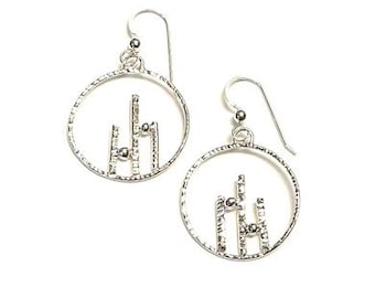 Silver Art Deco Geometric Hammered Circle Earrings, Minimalist Cityscape jewelry, Skyscraper inspired dangle earring, Architectural Style