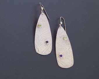 Sterling Silver Peacock Feather Earrings: Amethyst & Peridot Accent