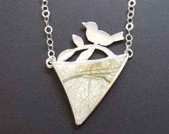 Sterling Silver Bird Necklace: Spiderweb Jasper Pendant, Birdwatcher Gift