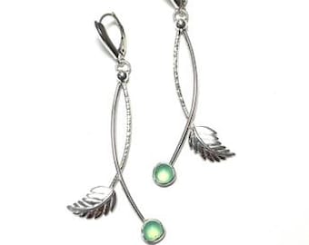 Sterling Silver Wire Earrings with Silver Leaf and Chrysoprase, Nature-Inspired Dangle Earrings, Botanical Green Gemstone Jewelry