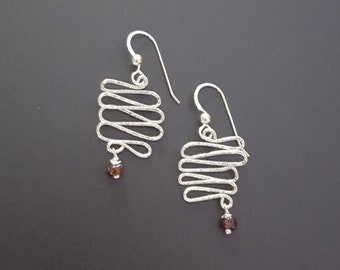 Sterling Silver Garnet Earrings: Hammered Squiggle Dangle Jewelry