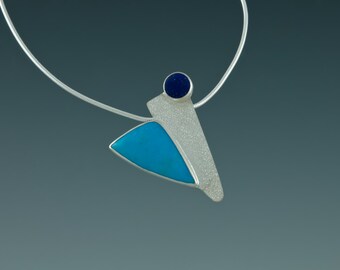 Sterling Silver Turquoise Lapis Necklace: Contemporary Gemstone Pendant