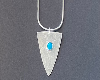Sterling Silver Sleeping Beauty Turquoise Textured Triangle Necklace, Geometric Blue Gemstone Pendant, Contemporary Southwest Shield Jewelry