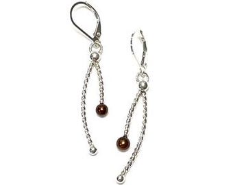 Sterling Silver Wishbone Earrings: Chocolate Pearl Accent