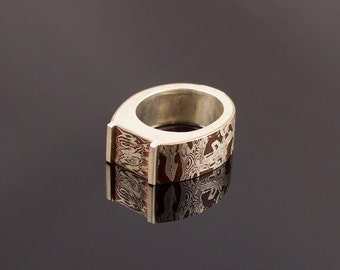 Mokume Gane Signet Ring: Copper & Sterling Silver Hollow Band, Size 8 3/4