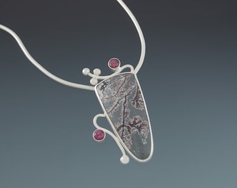 Dendritic Rhyolite Sterling Silver Pendant Necklace: Garnet Cherry Blossom Jewelry