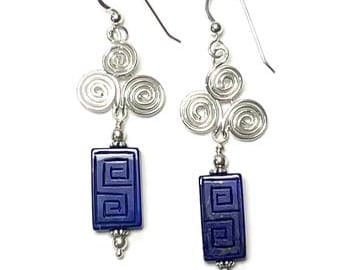 Sterling Silver Egyptian Spiral Earrings with Lapis Lazuli carved Greek Key, Boho Egyptian spiral earrings with lapis lazuli, Greek Infinity