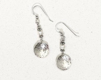 Freshwater Pearl Sterling Silver Earrings, Hammered Geometric Circle, Textured Bali Bead, Bridal Wedding Jewelry, June Birthstone Gift