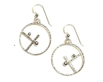 Frank Lloyd Wright Inspired Silver Geometric Circle Earrings, Minimalist Art Deco dangle earrings, Lightweight Hammered Circle Earrings