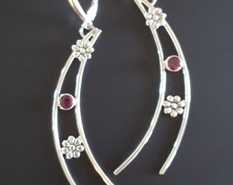 Sterling Silver Rhodolite Garnet Flower Earrings: January Birthstone