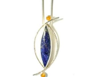 Sterling Silver Lapis and Yellow Citrine Necklace, Marquise Gemstone Pendant, Celestial-Inspired Artisan Jewelry