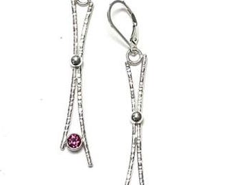 Sterling Silver Pink Garnet Dangle Earrings: Modern Textured Gemstone