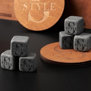 Grey stone whiskey chilling cubes, bourbon monogram custom rocks, cocktail ice-free cooling stones, liquor icing supply, drink bar accessory