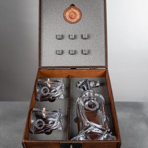 Premium barware gift set, whiskey decanter set, custom name glass, bullet whiskey glass, engraved wood box, chilling rocks, retirement gift