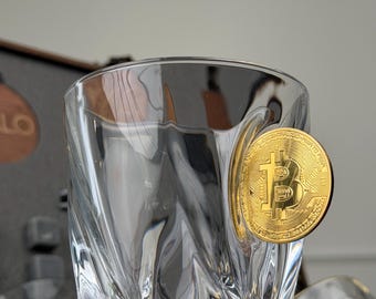 Handblown glass with coin, custom engraved whiskey gift, BTC blockchain barware, gift box set