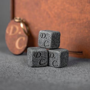 Personalized name glass rocks, chilling rocks set, home barware kit, bartender accessory, custom wooden box, engraved initials, whiskey gift